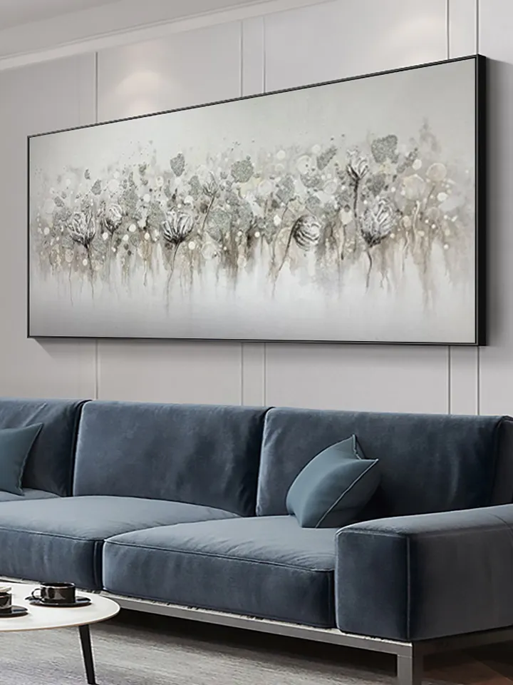 Abstract Blossom Floral Oil Painting on Canvas, Large Original Textured White Grey Poppy Bouquet Acrylic Painting Living Room Wall Art Decor