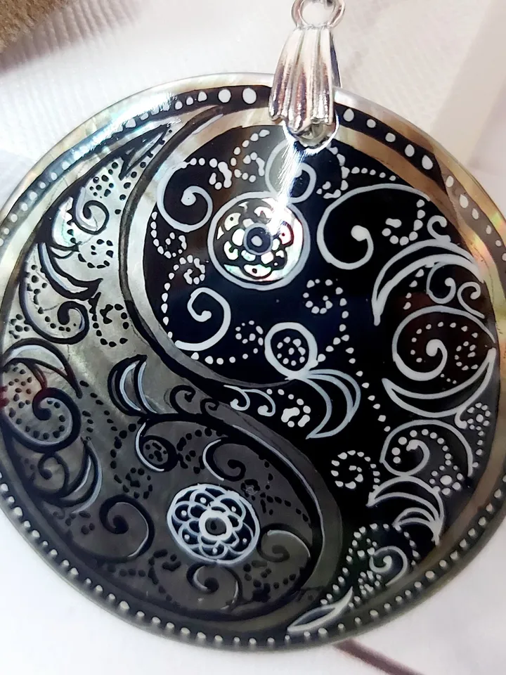 Pearl pendant necklace: Black paisley pattern in Yin Yang symbol hand painted on mother of pearl necklace • handmade boho jewelry pendant
