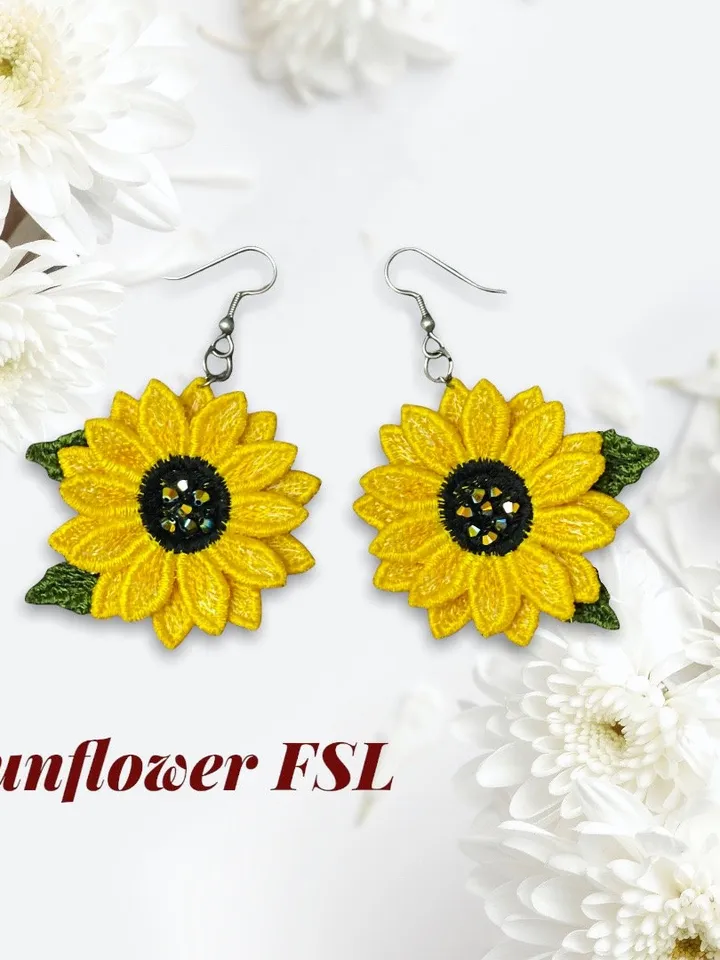 Sunflower earrings FSL Machine embroidery design Digital embroidery pattern Free standing lace flower file