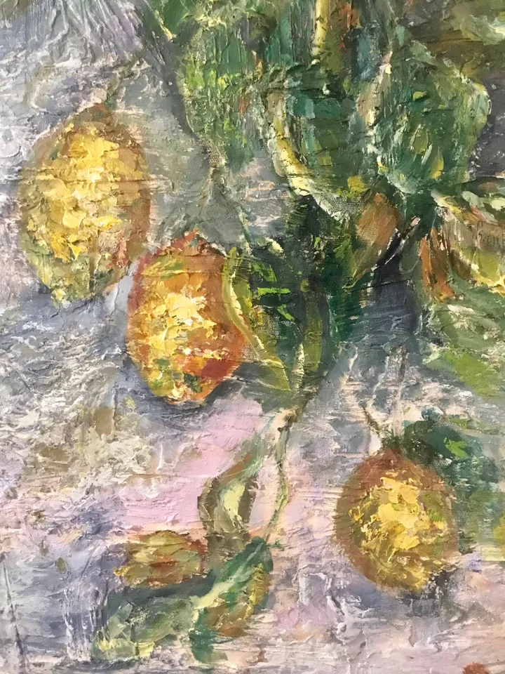 Lemons original oil painting on unstretched canvas,textured impressionistic painting,Monet inspired,dining room,kitchen decoration,art gift.