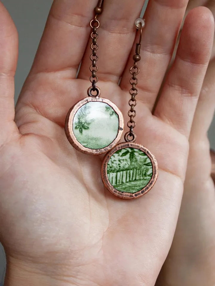 Unique handmade porcelain earrings in a copper frame made using the electroforming process