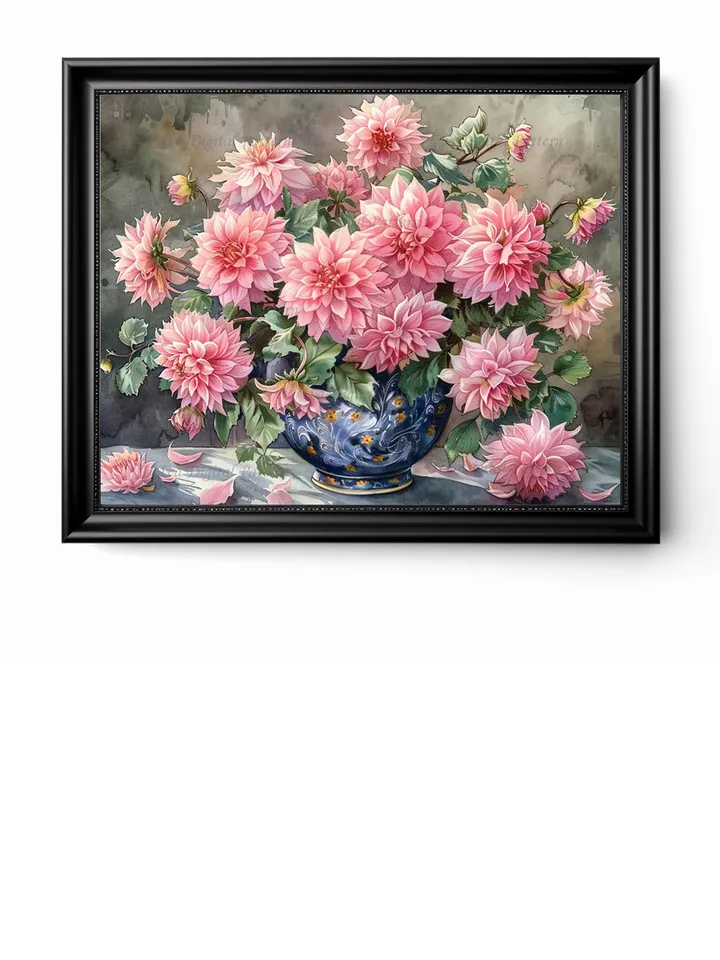 Bouquet of pink dahlias in a vase watercolor drawing, digital illustration, digital painting , wall art decoration. AI