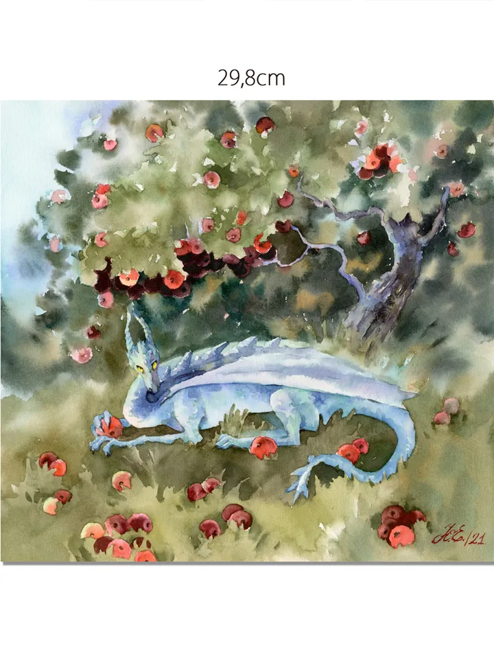 Blue dragon Original Fantasy art Watercolor painting by Yulia Evsyukova