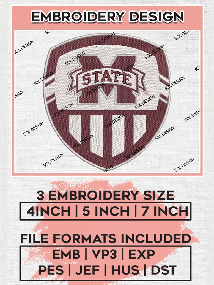 NCAA Mississippi State Bulldogs College Team Logo Embroidery Design Files, NCAA Mississippi State Bulldogs Machine Embroidery, NCAA Teams, 3 sizes, NCAA Machine embroidery designs, Digital Download