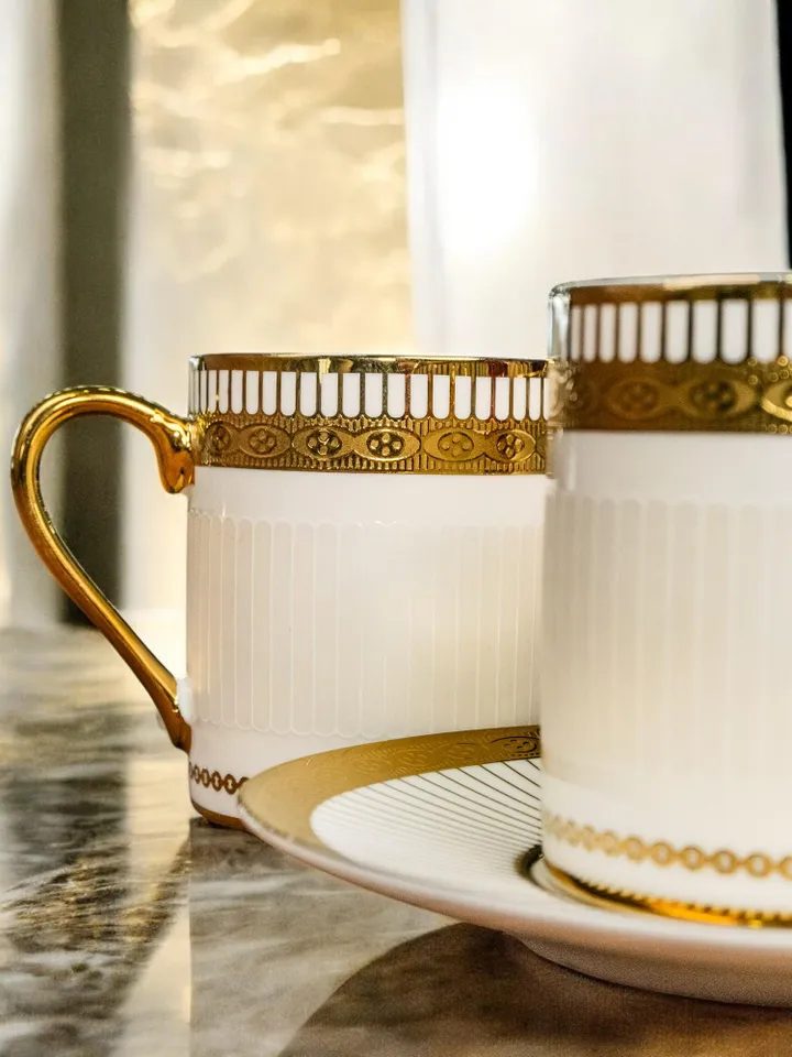 14K Genuine Gold Powder Porcelain Tea Cups And Saucers | Tea Cups Saucers Set | Gold Porcelain Set | Elegant Teaware | Gift For Tea Lovers