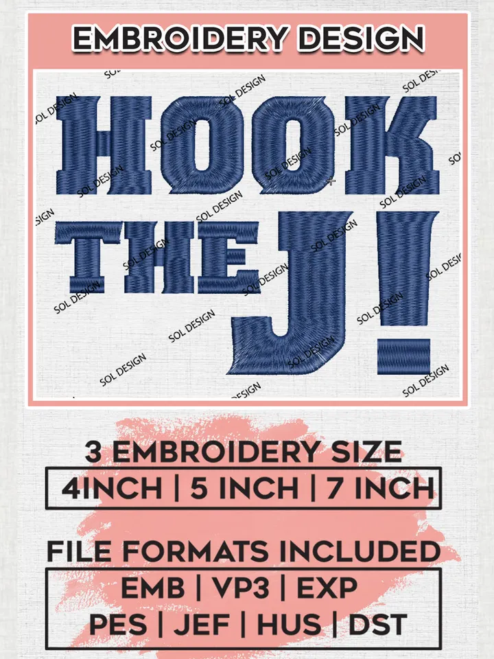 Hook The J Logo Embroidery Design Files, NCAA Northern Arizona Lumberjacks Machine Embroidery, NCAA Teams, 3 sizes, NCAA Machine embroidery designs, Digital Download