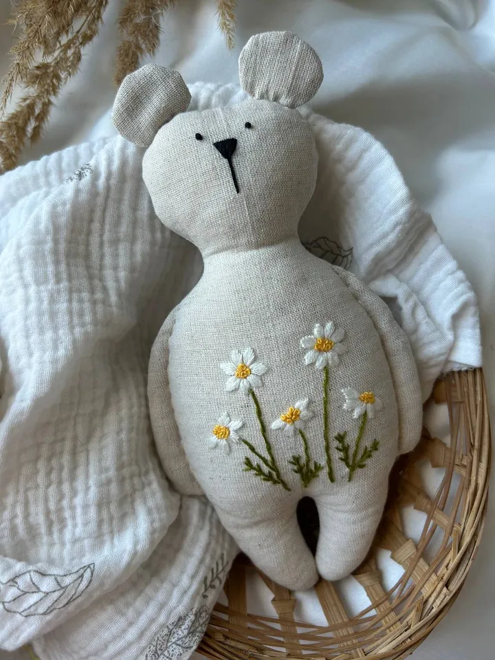Linen toy, embroidered toy, bear toy