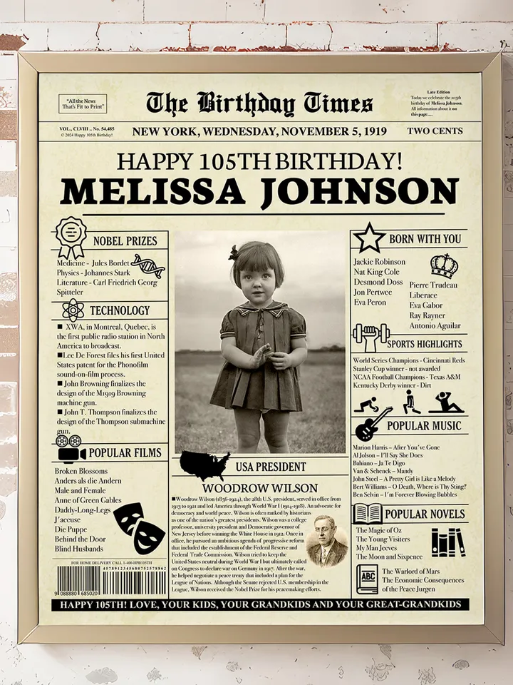 105th birthday, birthday gift for grandma or grandpa, grandma birthday gift, 105th birthday newspaper, 1919 birthday ideas, back in 1919