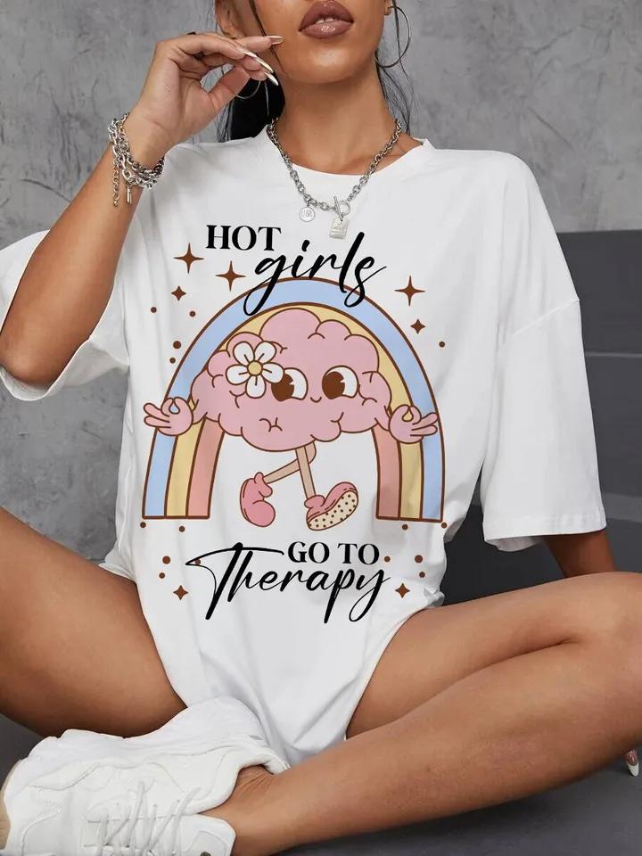 Hot girls go to therapy png, Mental Health Funny PNG sublimation, y2k retro t-shirt design, groovy mental health png, cute brain clipart