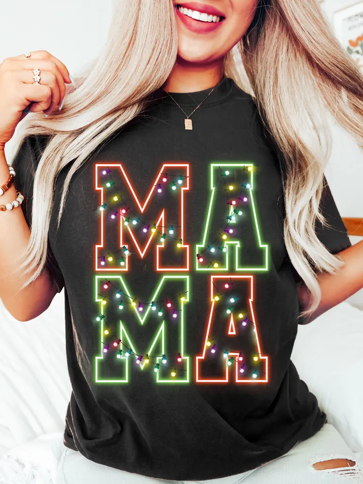 Neon Christmas Mama Shirt Sublimation Christmas PNG Mama PNG Christmas Lights Sparkly PNG Neon Christmas png