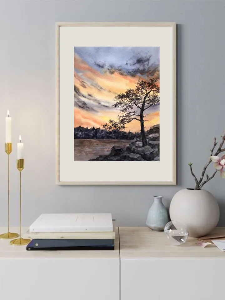 Sunset Original Painting Forest Watercolor Painting Trees Landscape Wall Art