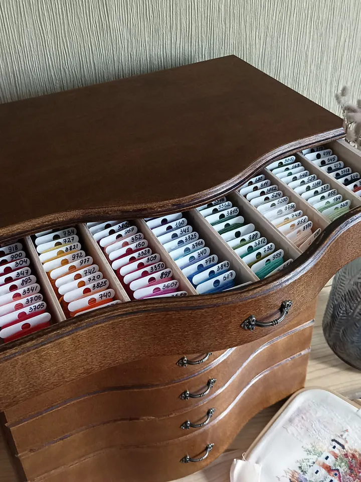 Floss storage cabinet for DMC floss bobbins and skeins, Stitching drawer box with curved faces in vintage style
