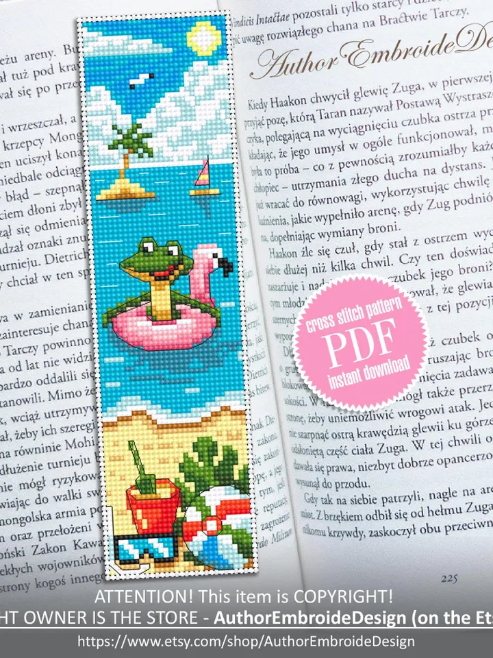Summer bookmark cross stitch pattern PDF download Funny frog cross stitch chart, Sea bookmark pattern digital PDF, Beach vacation #B449