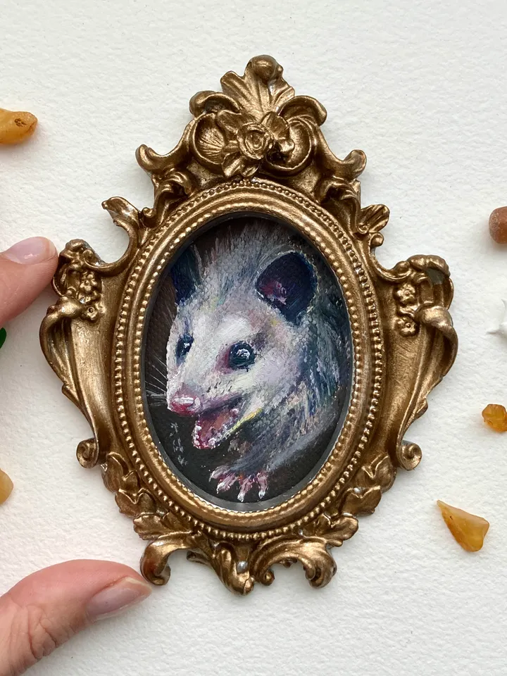 Opossum Oil Painting Original In Vintage Style Frame Small Framed Animals Wildlife Art