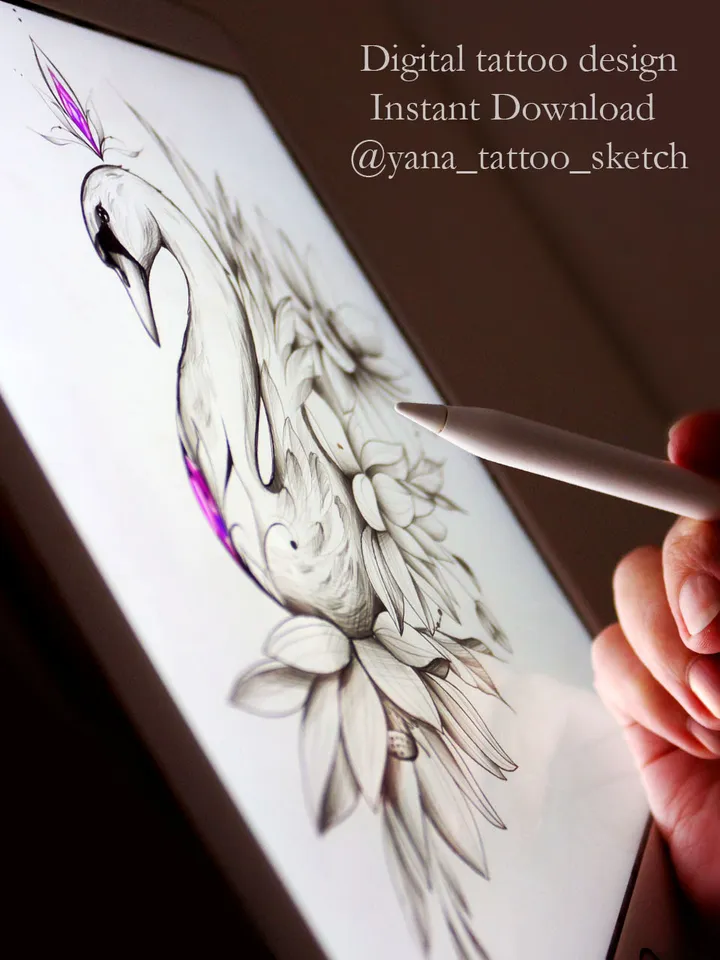 Swan Tattoo Design With Flowers Swan Tattoo Idea Stencil Sketch, Instant download PDF, JPG
