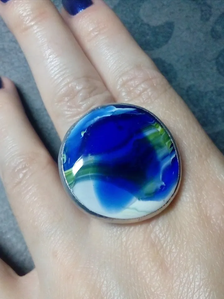 Blue Glass ring, fused cosmic universe ring, Fusing sea ring, Mermaid ring, Ocean wave ring, Tin soldered ring