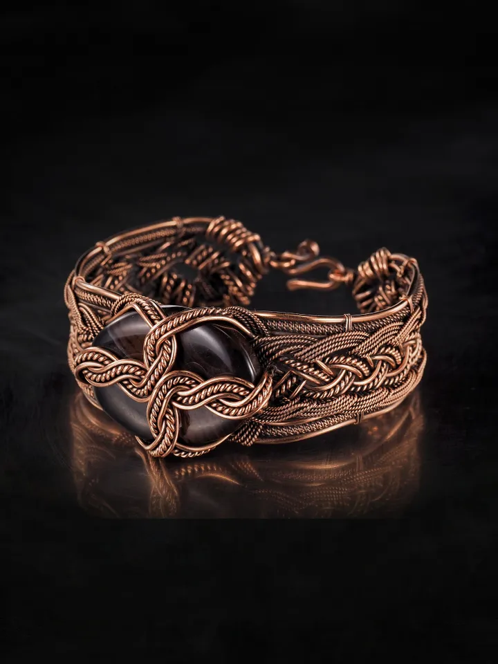 Copper wire wrapped agate bracelet Unique woven copper wire bangle Small size