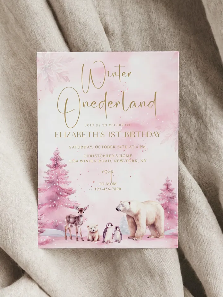 Winter Onederland Birthday Girl Invitations, Editable Pink Winter 1st Birthday Invite Template, Pink Christmas First Birthday Party - I123