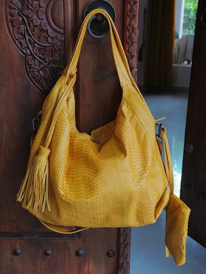 Big Soft Hobo Classy Sport Woman Bag | Purse Genuine Python Skin | Python Skin Products | Yellow Big Elegant Leather Designer Soft Bag Snake