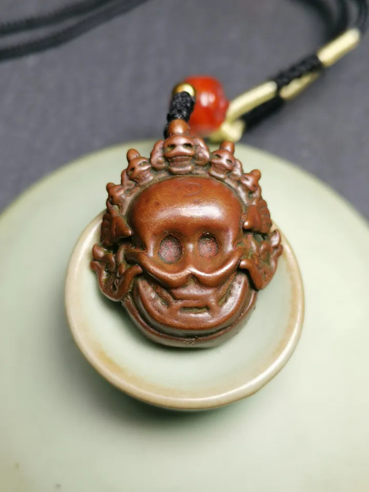 Gandhanra Antique Tibetan Gau Box Amulet,Unique Citipati Skull Ghau Shrine,Mini Tibetan Buddhist Altar Necklace with Colorful Offerings