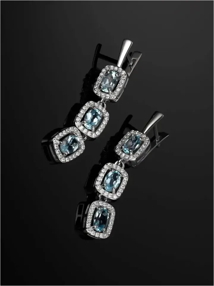 Long silver earrings with natural topaz and cubic zirconia, 925 assay value