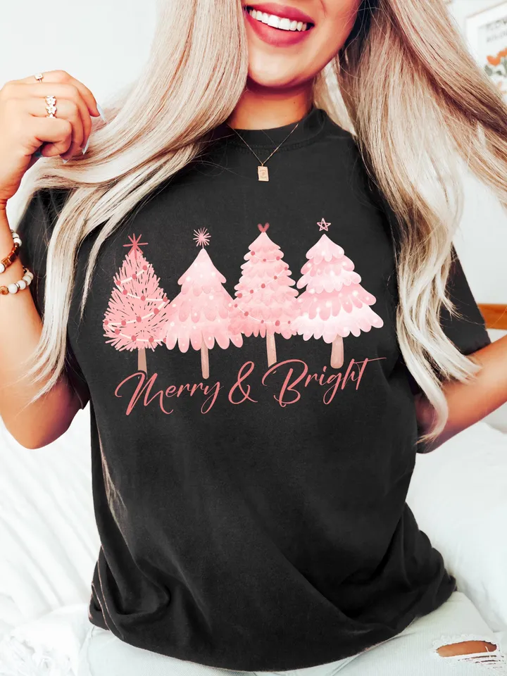 Merry & Bright PNG Sublimation File, Pink Pastel Christmas Sublimation Digital Download, Hand Drawn Christmas Trees, Pretty Pink Christmas