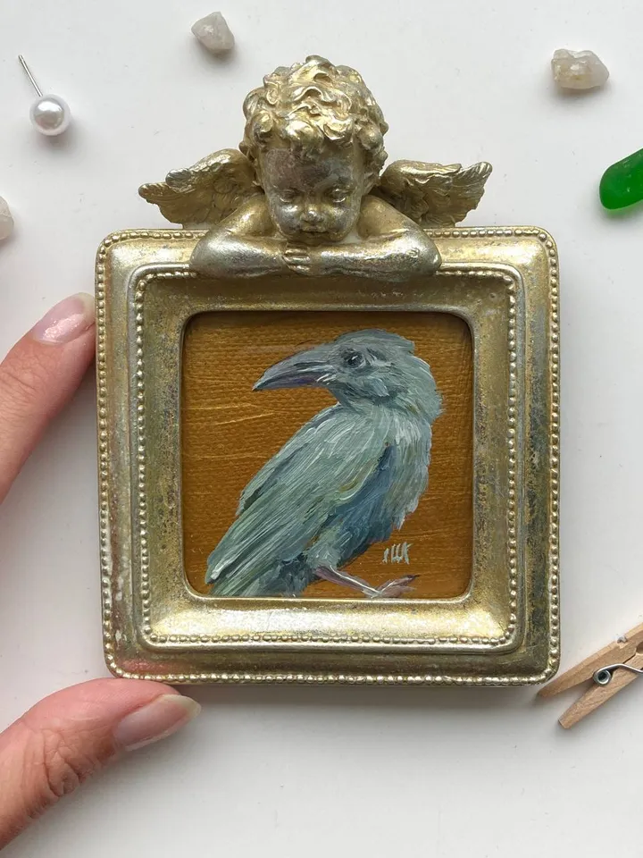 Framed Albino Raven Painting Small Original Witch’s Friend Artwork Crow Art Tiny Oil Painting Bird