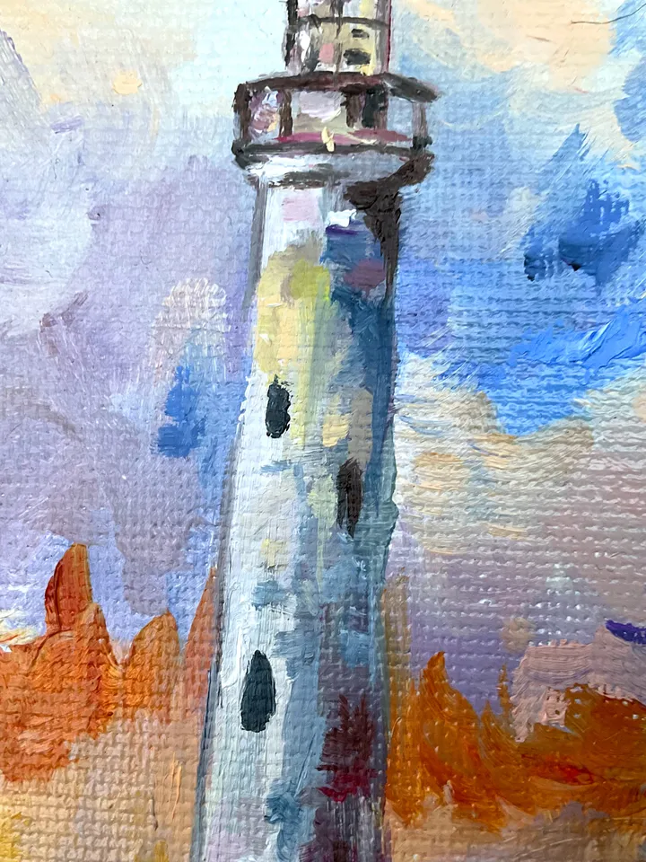 Lighthouse at Sunset โ Original Oil Painting, 12x12 Inches, Coastal Wall Art, Nautical Seascape, Ocean Home Decor