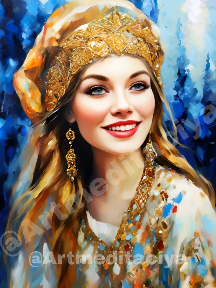 Digital abstract modern painting "Playful Slavyanka",
a blue-eyed blonde girl in a luxurious golden headdress in a white dress on an abstract blue forest background, made in the style of oil painting in ethnocolor