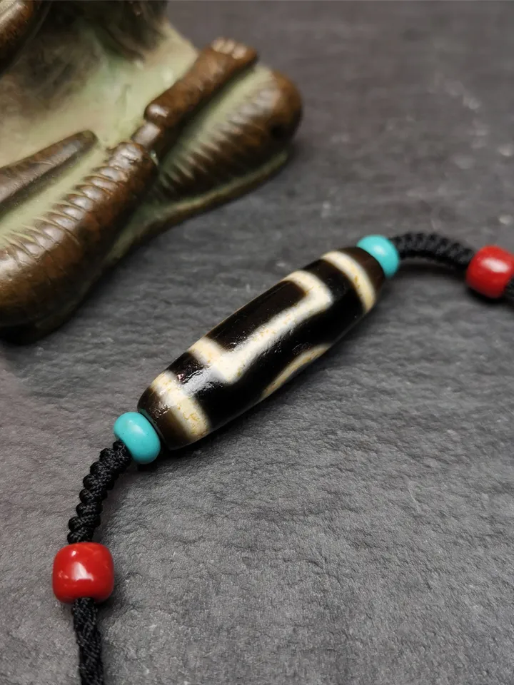 Gandhanra Antique Tibetan Sky & Earth Dzi Bead Necklace,1.38&quot; x 0.4&quot;,30 Years Old