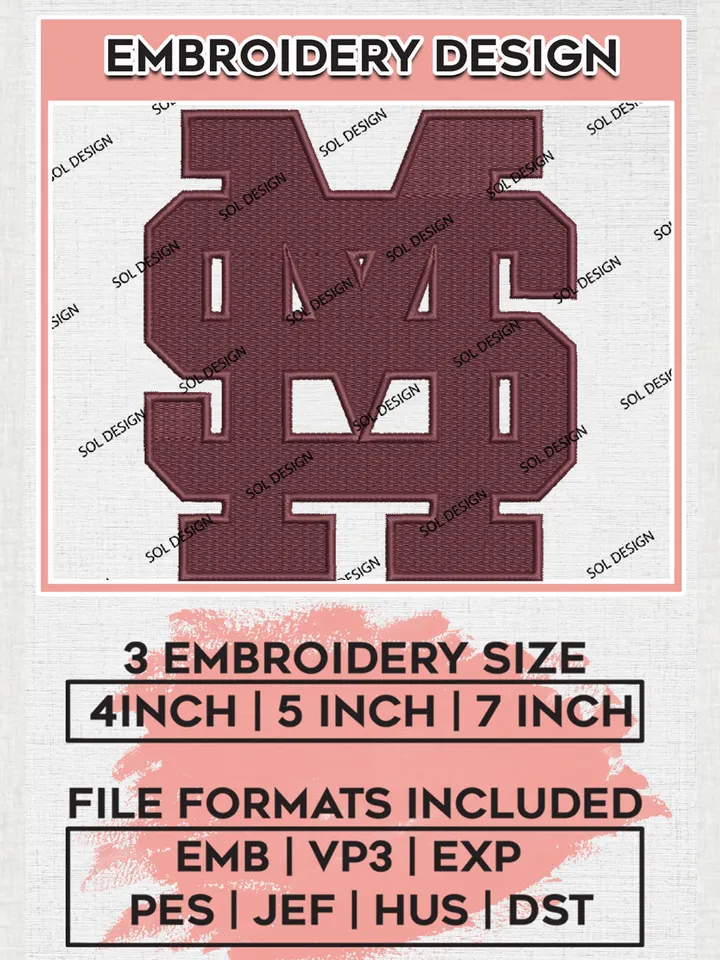 NCAA MS Bulldogs Team Logo Embroidery Design Files, NCAA Mississippi State Bulldogs Machine Embroidery, NCAA Teams, 3 sizes, NCAA Machine embroidery designs, Digital Download