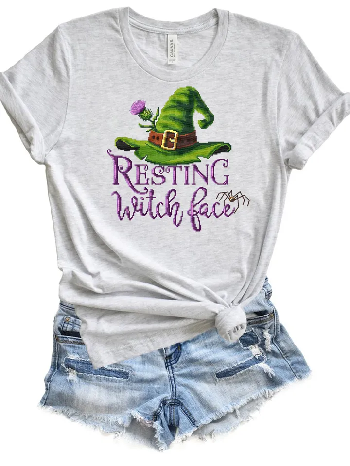 Resting witch face cross stitch pattern download PDF, Halloween witch cross stitch chart, Cute Halloween pattern digital PDF Home decor #H46