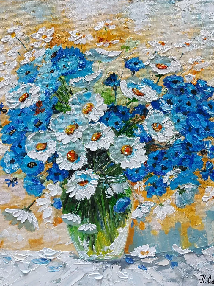 Original oil painting Daisies and cornflowers Bouquet of wildflowers 12" by 12" (30x30cm) by OilPaintingNatali
