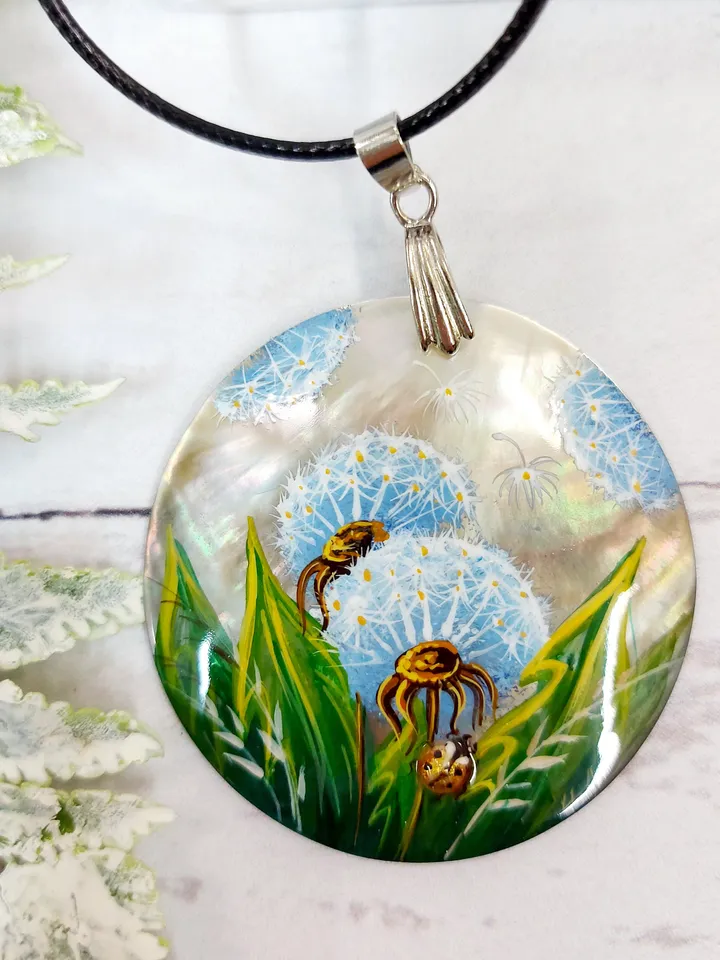 Whispering Dandelions: Hand-Painted Pearl Pendant in Green Grass - Nature's Delicate Charm, Symbol of Hope and Transformation