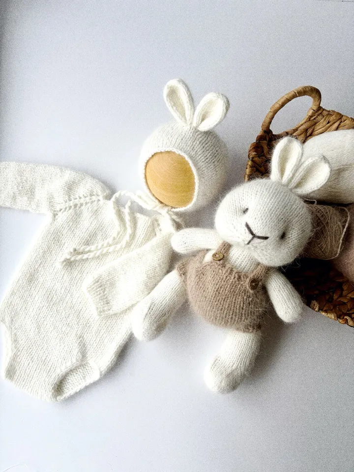 knitted bunny toy romper bunny hat. Knitted Newborn photo props
