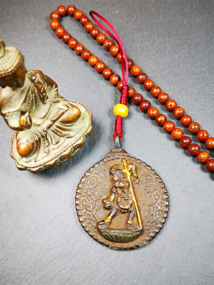 Gandhanra Vintage Tibetan Buddhist Calendar Badge, Black Dakini,Troma Nagmo Melong Mirror, SIPAHO Amulet(srid pa ho),Made of Thokcha,2.2"