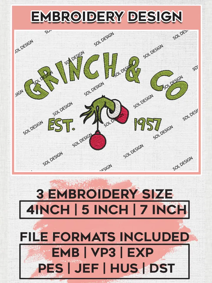 Grinch And Co Est Embroidery Design Files, Grinch Hand Machine Embroidery, Merry Grinchmas Hand Embroidery, 3 sizes, Cute Christmas Machine embroidery designs, Digital Download