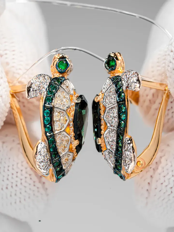 Earrings Silver gold plated 925 assay value with tourmaline and cubic zirconia