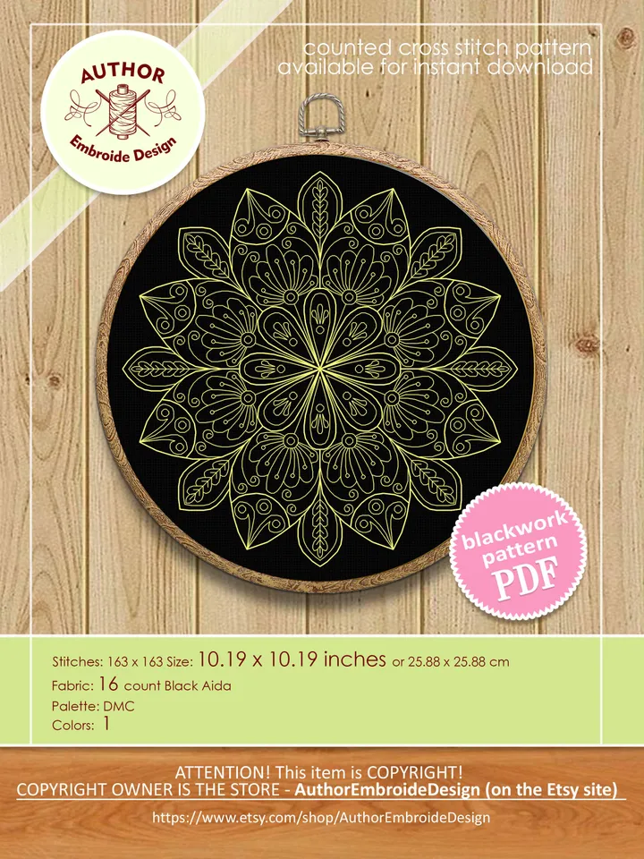 Floral mandala blackwork pattern PDF Blackwork mandala embroidery download PDF, Backstitch chart Mandala ornament, Blackwork embroidery #W21