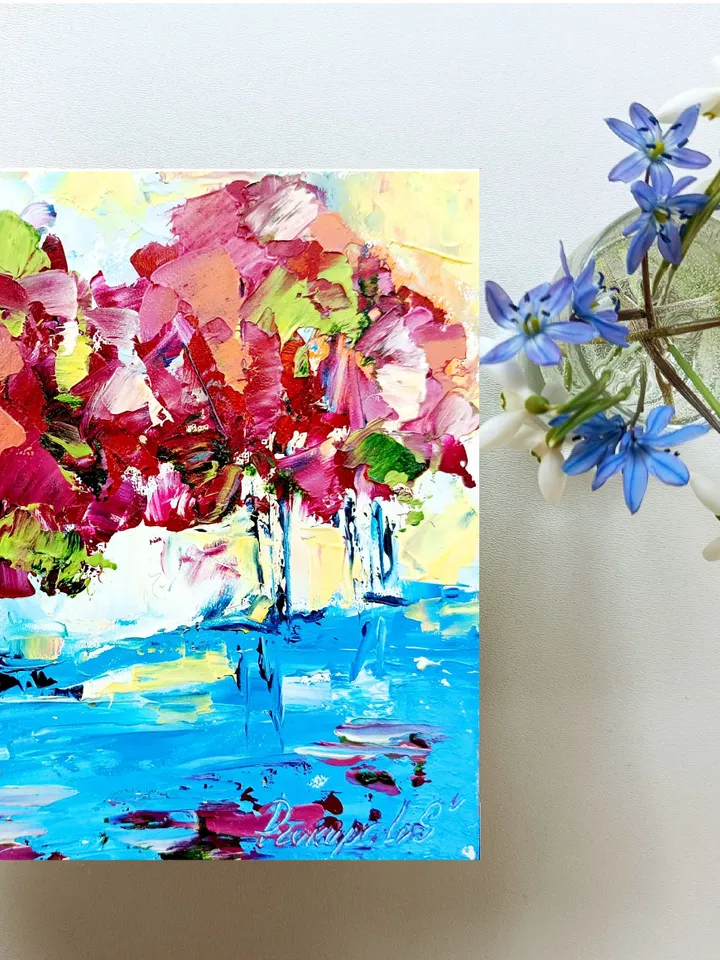 Sakura Tree Painting Original Art Impasto Oil Painting 6x6 Modern Impressionist art Abstract Flower Sakura Tree Cherry Blossom