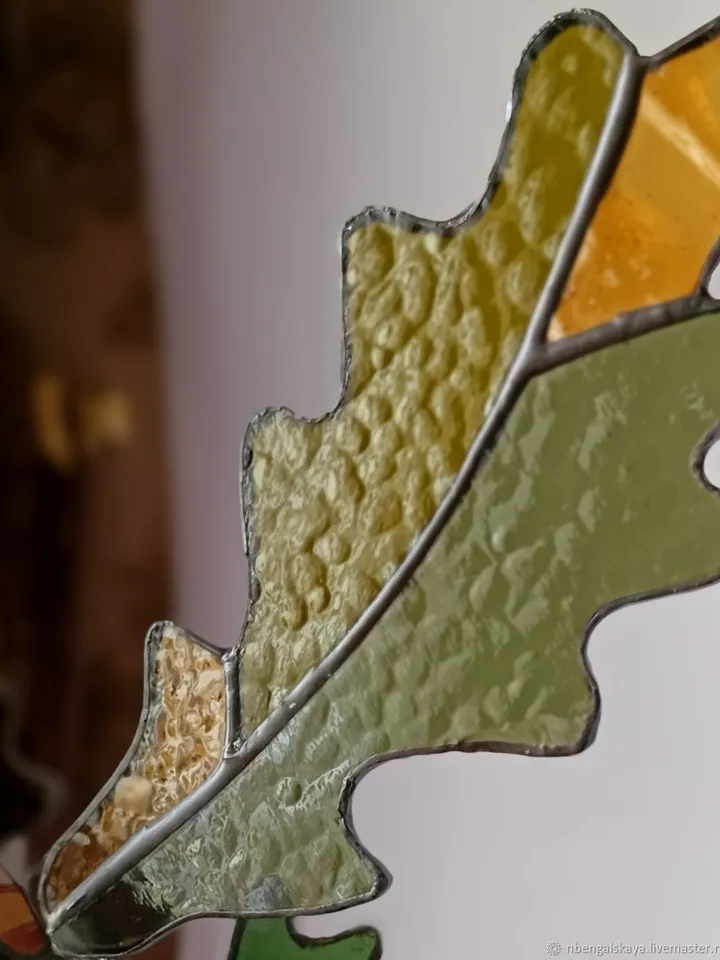 Stained Glass: Oak Twig. Tiffany Technique, Oak Branch. Tiffany-Style Stained Glass, Tiffany Stained Glass: Oak Leaf Branch, Tiffany-Style Stained Glass Oak Branch, Oak Twig in Tiffany-Style Stained Glass, Tiffany Stained Glass Oak Branch Design