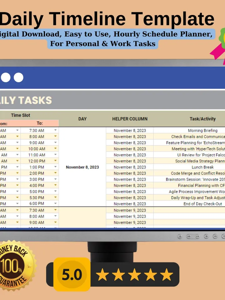Daily Timeline Template, Editable Google Sheets Template, Digital Download, Easy to Use, Hourly Schedule Planner, For Personal & Work Tasks