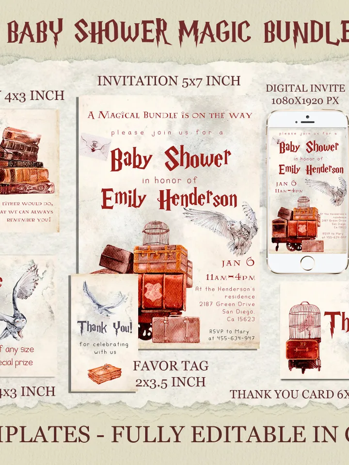 Wizard Baby Shower Invitation; Magic School Baby Schower kit template; A Magical Bundle on the Way; Magic School Invite Pack editable canva