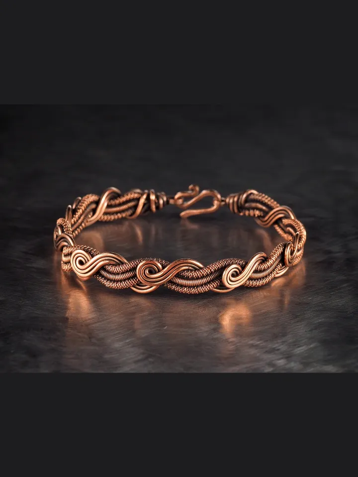 Wire wrapped bracelet, Unique 7th 22nd Anniversary gift idea, Art Nouveau antique style, One of kind braided statement bangle, Handmade oxidized pure copper jewelry, Pain relief, EMF protection