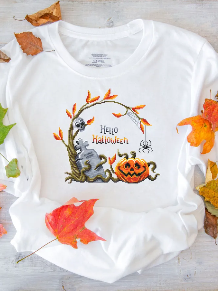 Hello Halloween cross stitch pattern download PDF Pumpkin cross stitch chart, Spooky Halloween pattern digital PDF Fall beginner stitch #H48
