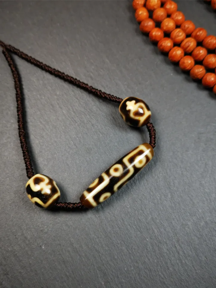 Gandhanra Antique Tibetan Dzi Necklace,9 Eyes Dzi + 2 Wave Darlo Dzi Beads Amulet, 40 Years Old,Protective Charm