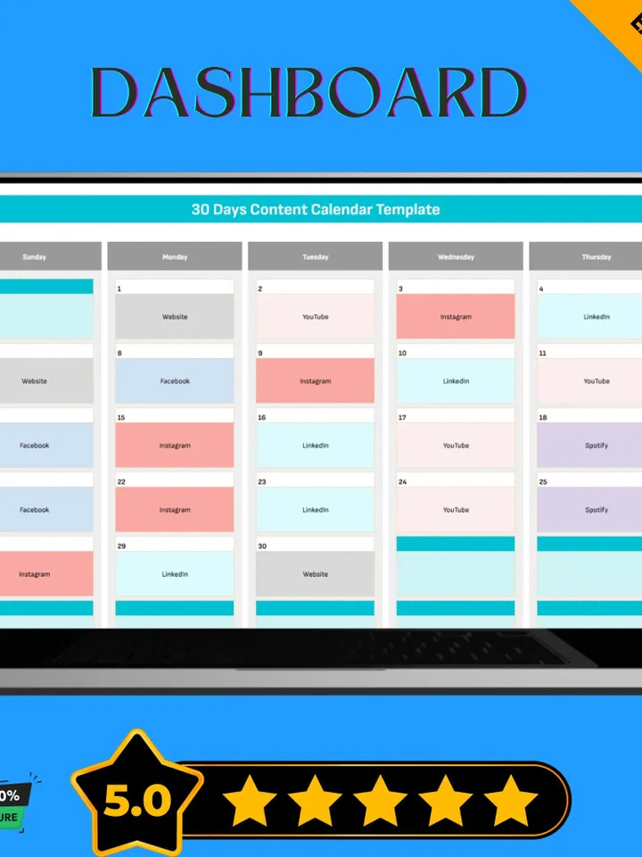 30 Days Content Calendar Template, Monthly Social Media Planner, Google Sheets Marketing Schedule, Digital Post Organizer