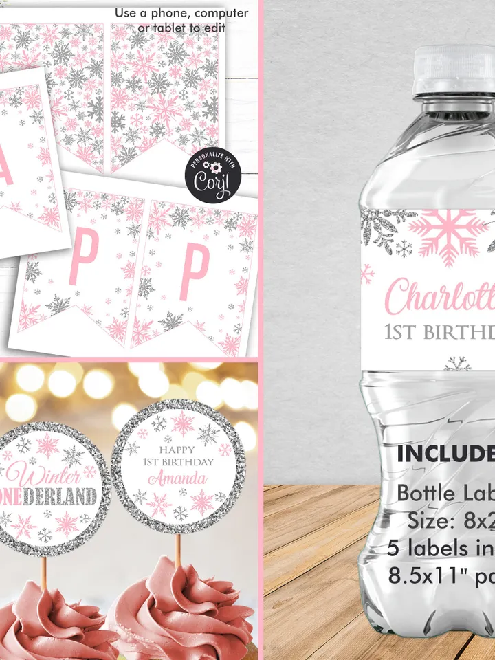 Winter Onederland Birthday Girl Decorations, Winter Onederland Birthday Party Package Bundle, Pink Silver Snowflakes Editable Template