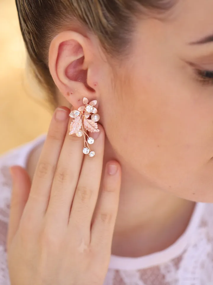 Boho Wedding Earrings, Rose Gold Chandelier Statement Floral Wedding Earrings, Flower Jewelry For Bride, Jewellery, Accessories, Jewelry Set