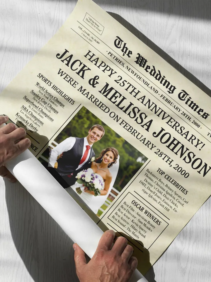 25th wedding anniversary gift for couple, 25th anniversary gifts for husband, silver wedding anniversary gift, 2000 anniversary newspaper
